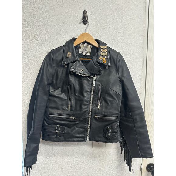 DRAG SPECIALTIES HEAVY BLACK LEATHER FRINGE MOTORCYCLE JACKET SIZE 12 W/ PINS - Picture 2 of 10